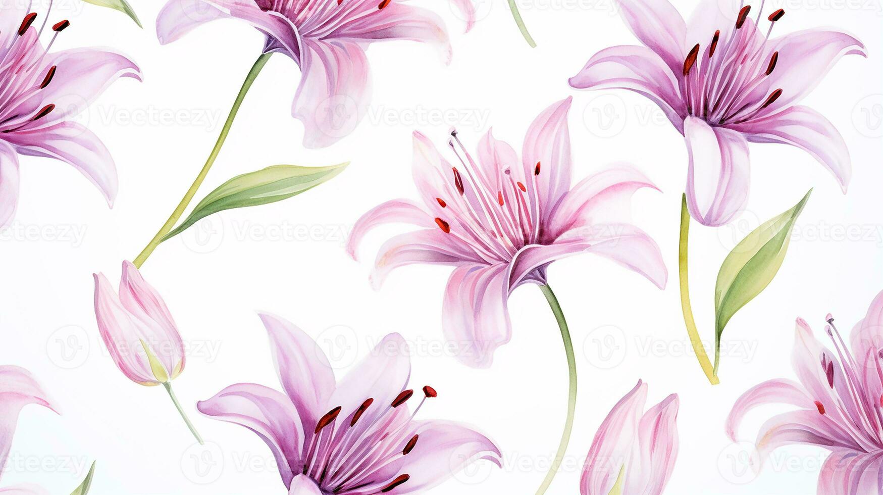 Seamless pattern of Fairy Lily flower in watercolor style isolated on white background. Fairy Lily flower texture background. Generative AI photo