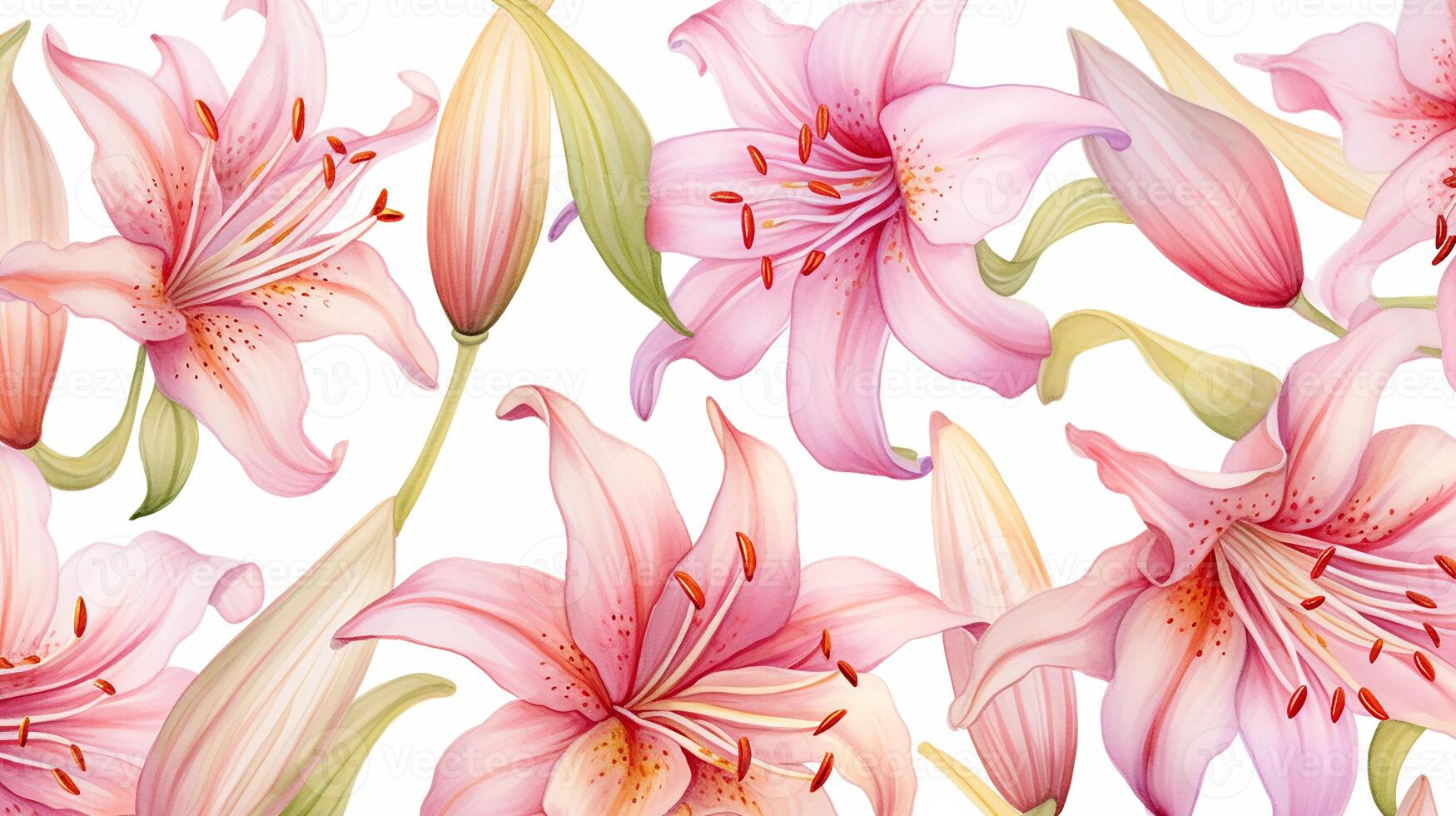 Seamless pattern of Fairy Lily flower in watercolor style isolated on white background. Fairy Lily flower texture background. Generative AI photo