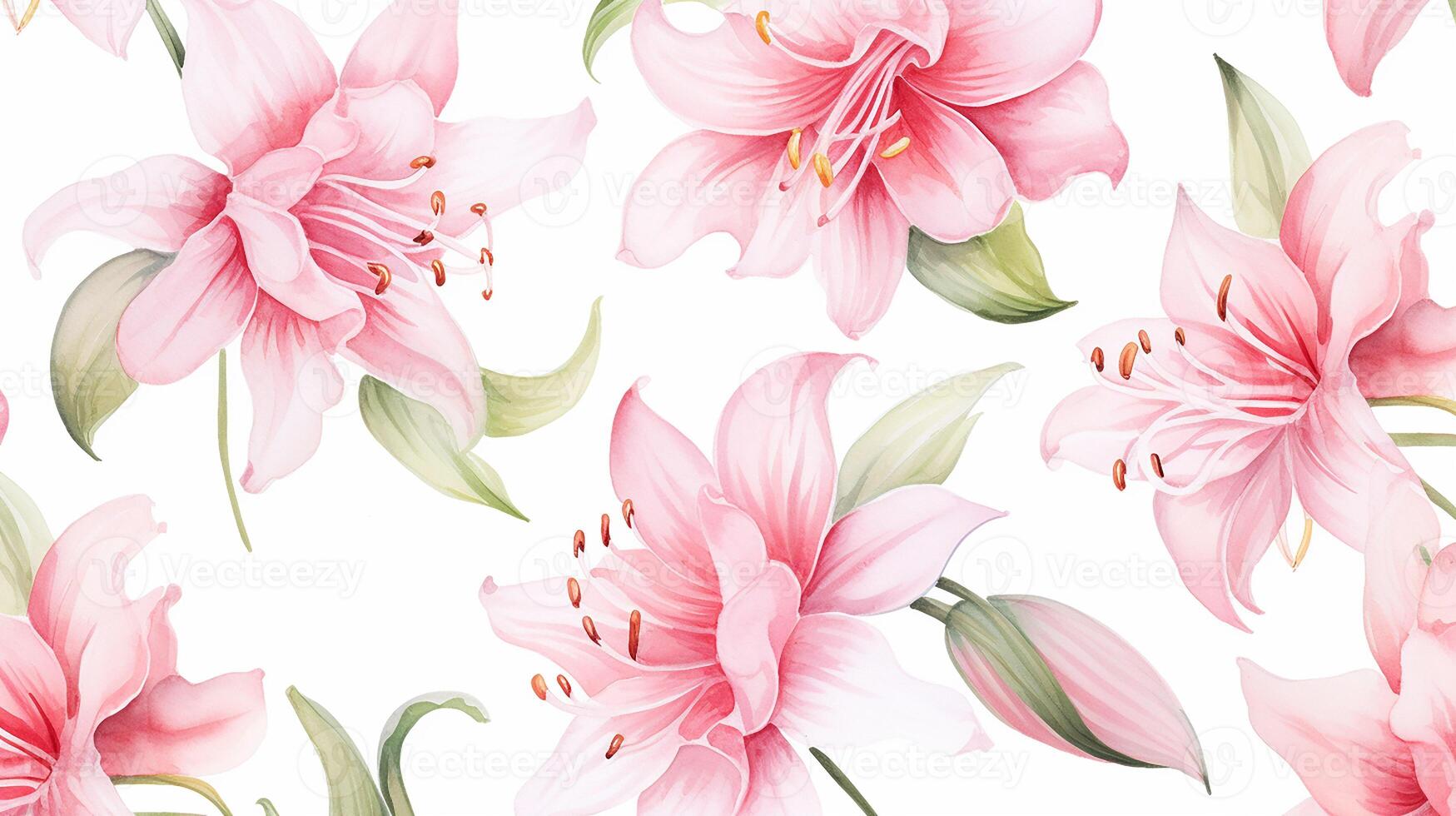 Seamless pattern of Fairy Lily flower in watercolor style isolated on white background. Fairy Lily flower texture background. Generative AI photo