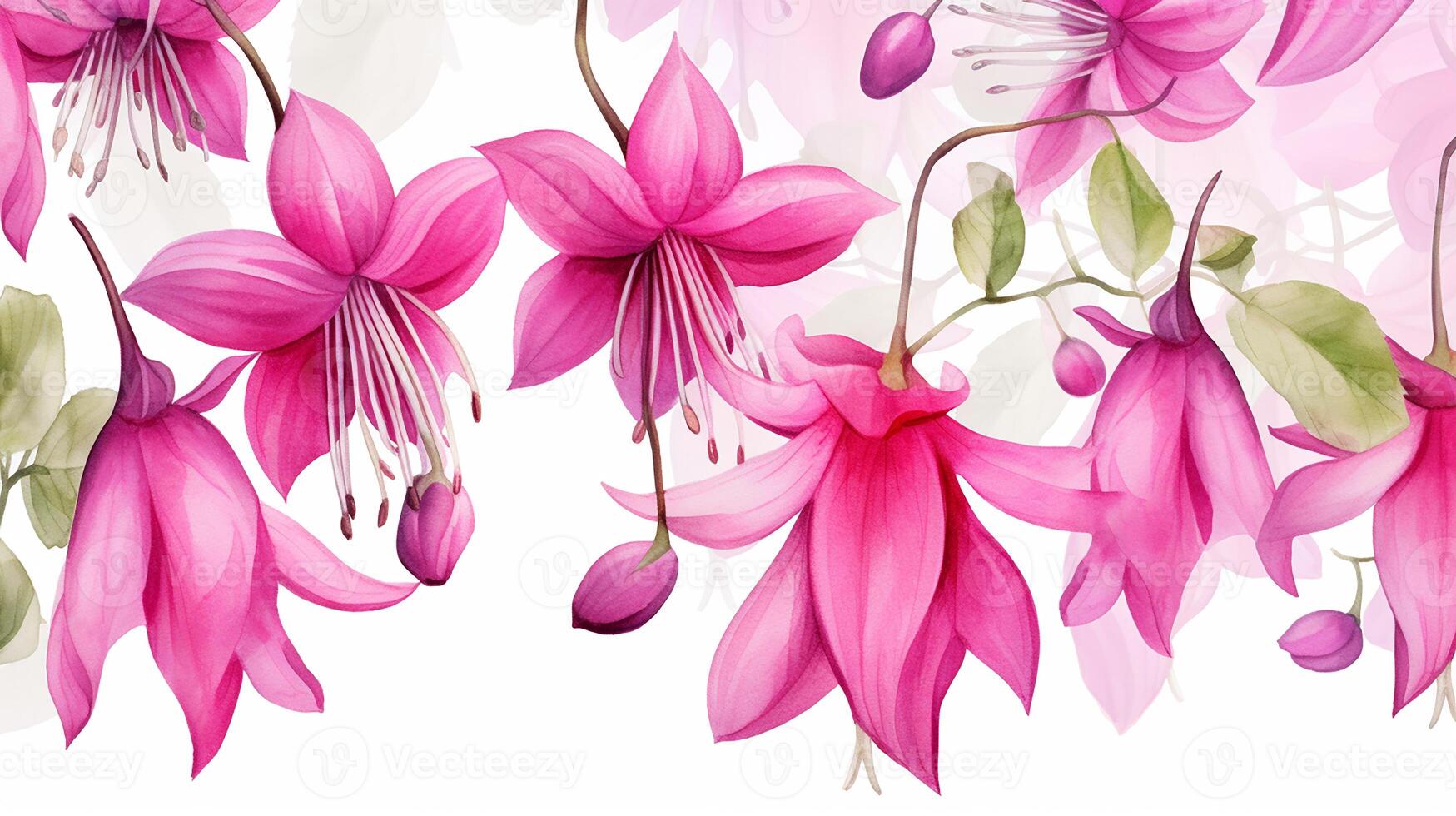 Seamless pattern of Fuchsia flower in watercolor style isolated on white background. Fuchsia flower texture background. Generative AI photo