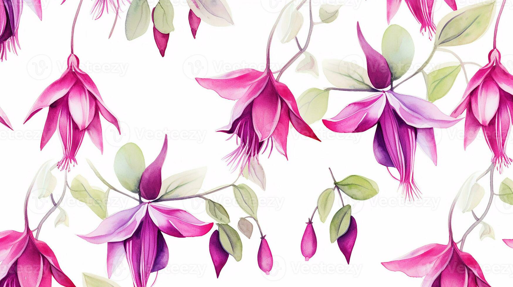 Seamless pattern of Fuchsia flower in watercolor style isolated on white background. Fuchsia flower texture background. Generative AI photo