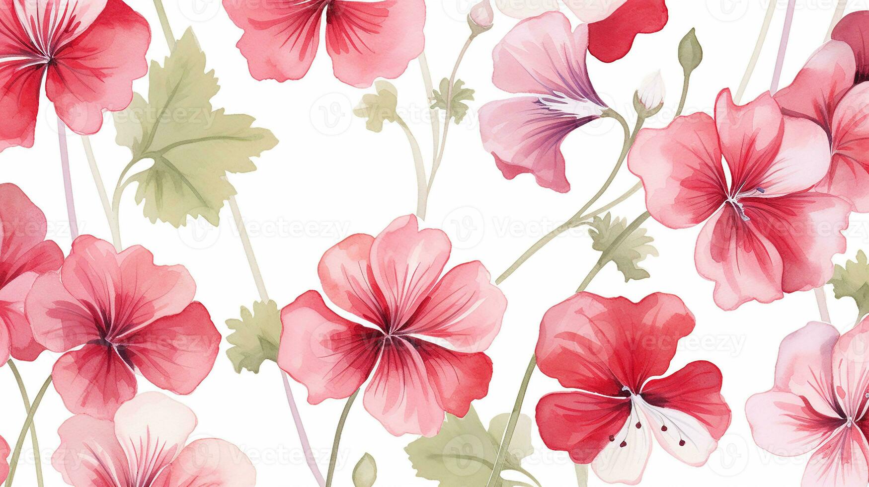Seamless pattern of Geranium flower in watercolor style isolated on white background. Geranium flower texture background. Generative AI photo