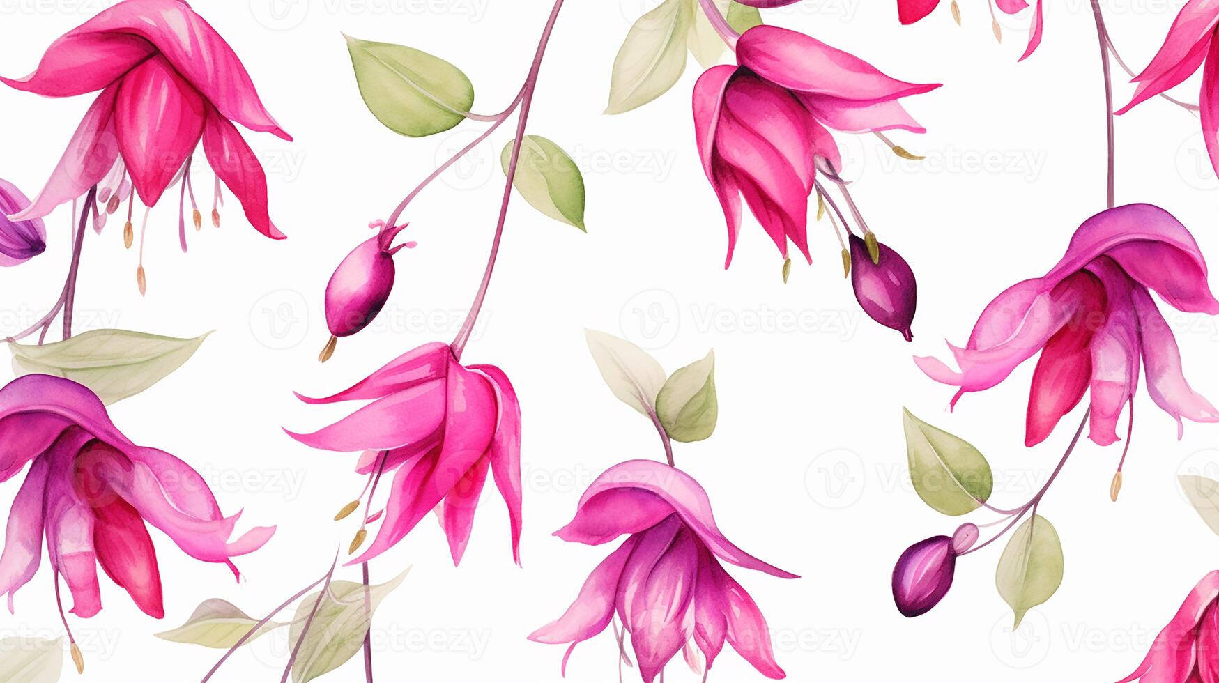 Seamless pattern of Fuchsia flower in watercolor style isolated on white background. Fuchsia flower texture background. Generative AI photo