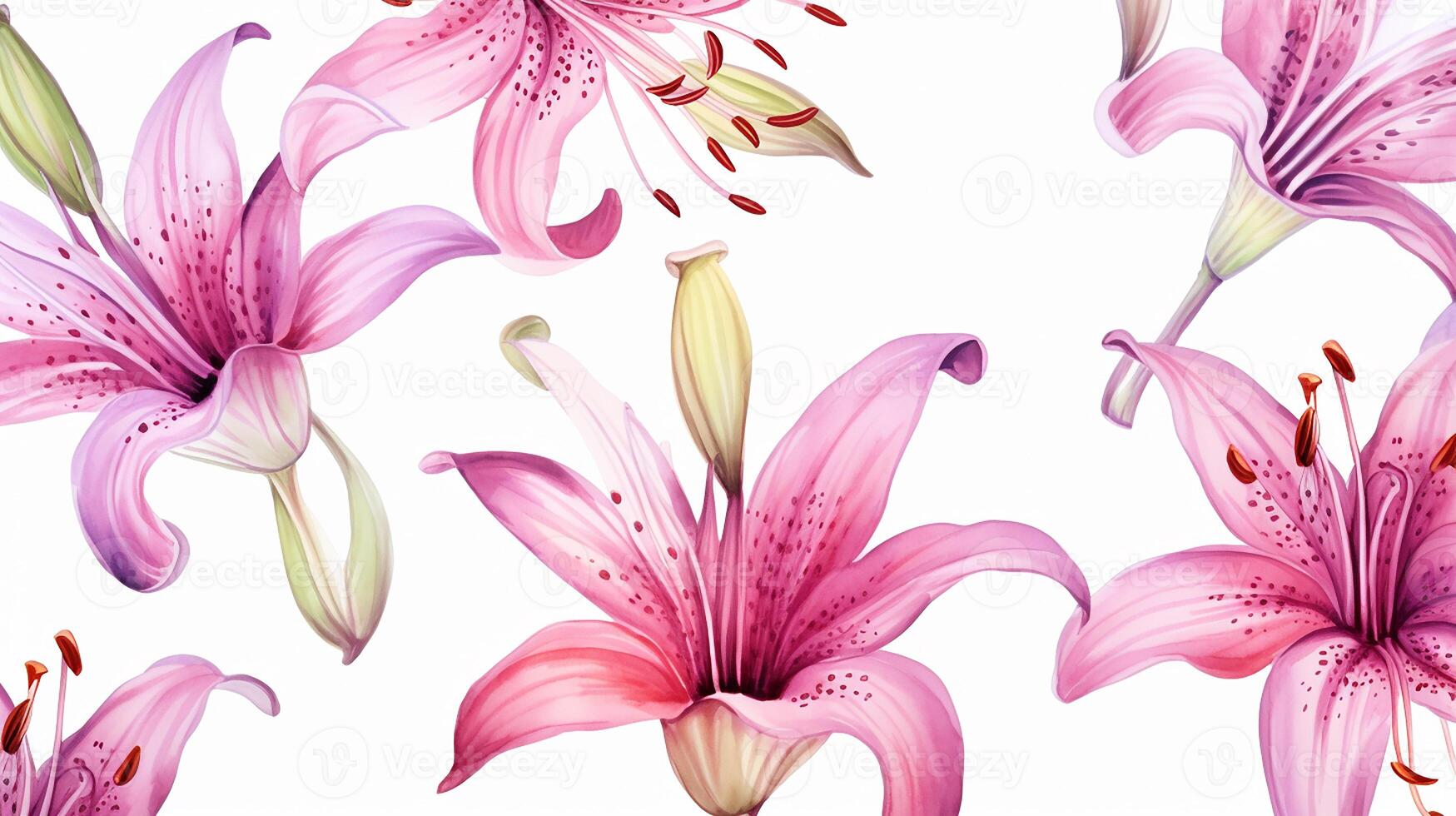 Seamless pattern of Fairy Lily flower in watercolor style isolated on white background. Fairy Lily flower texture background. Generative AI photo