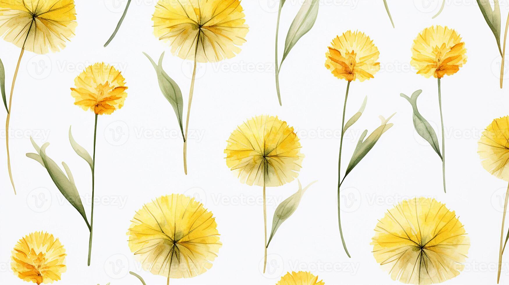 Seamless pattern of Dandelion flower in watercolor style isolated on white background. Dandelion flower texture background. Generative AI photo