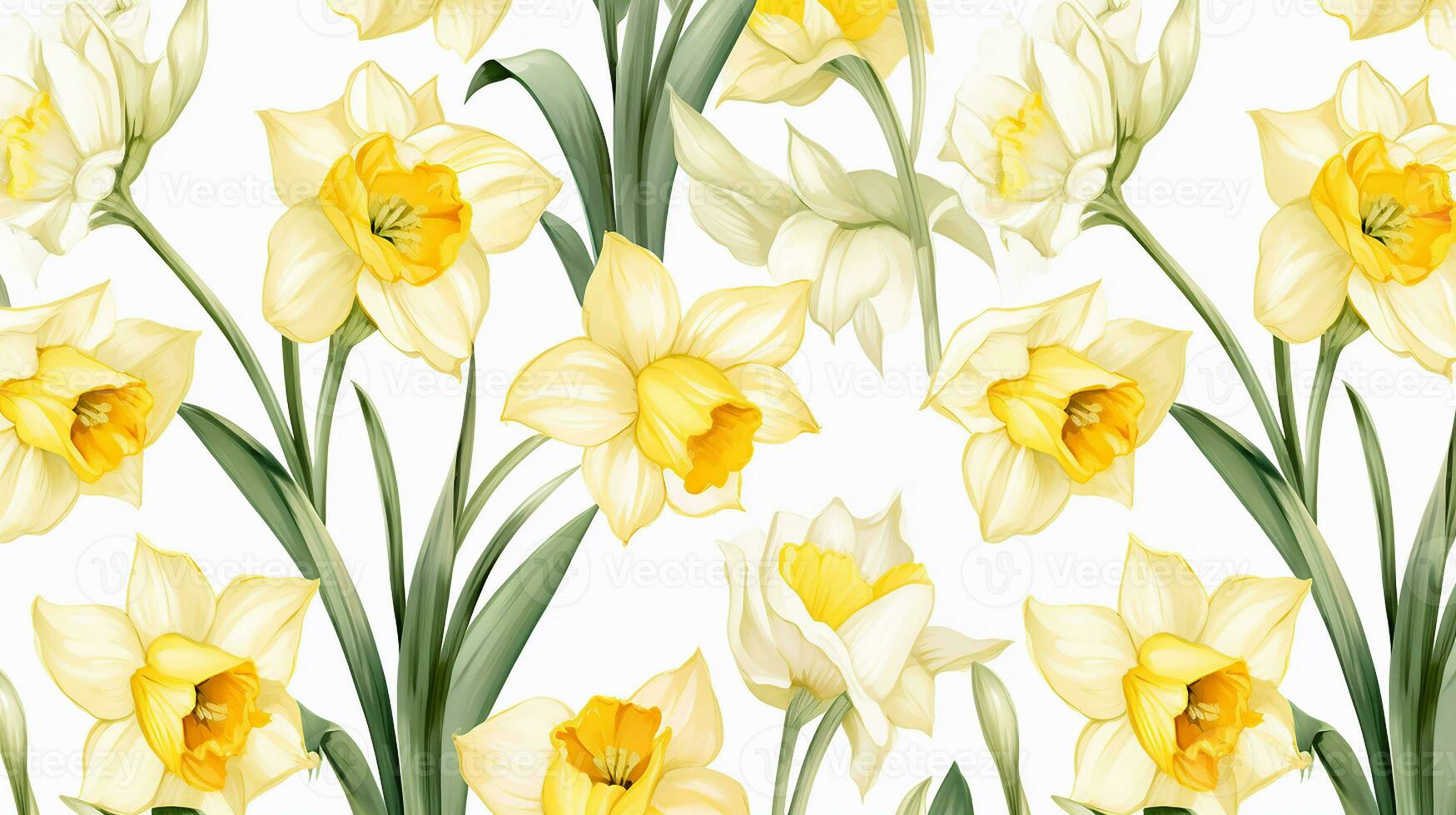 Seamless pattern of Daffodil flower in watercolor style isolated on white background. Daffodil flower texture background. Generative AI photo