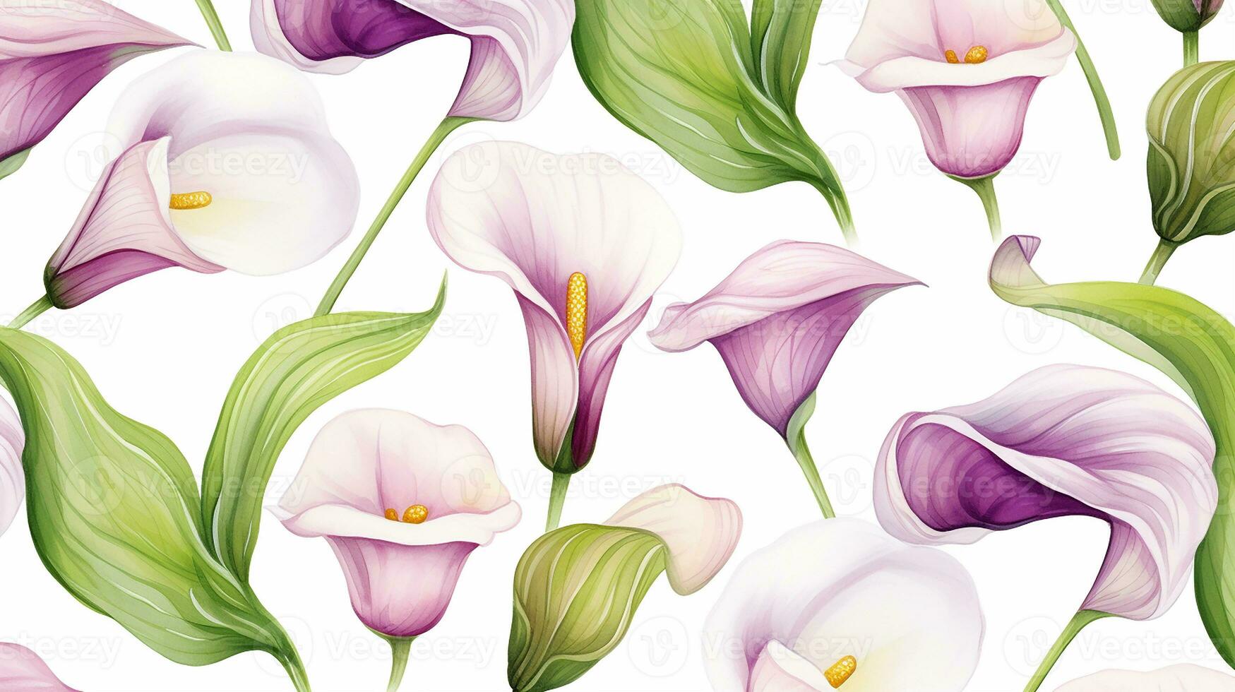 Seamless pattern of Calla Lily flower in watercolor style isolated on white background. Calla Lily flower texture background. Generative AI photo
