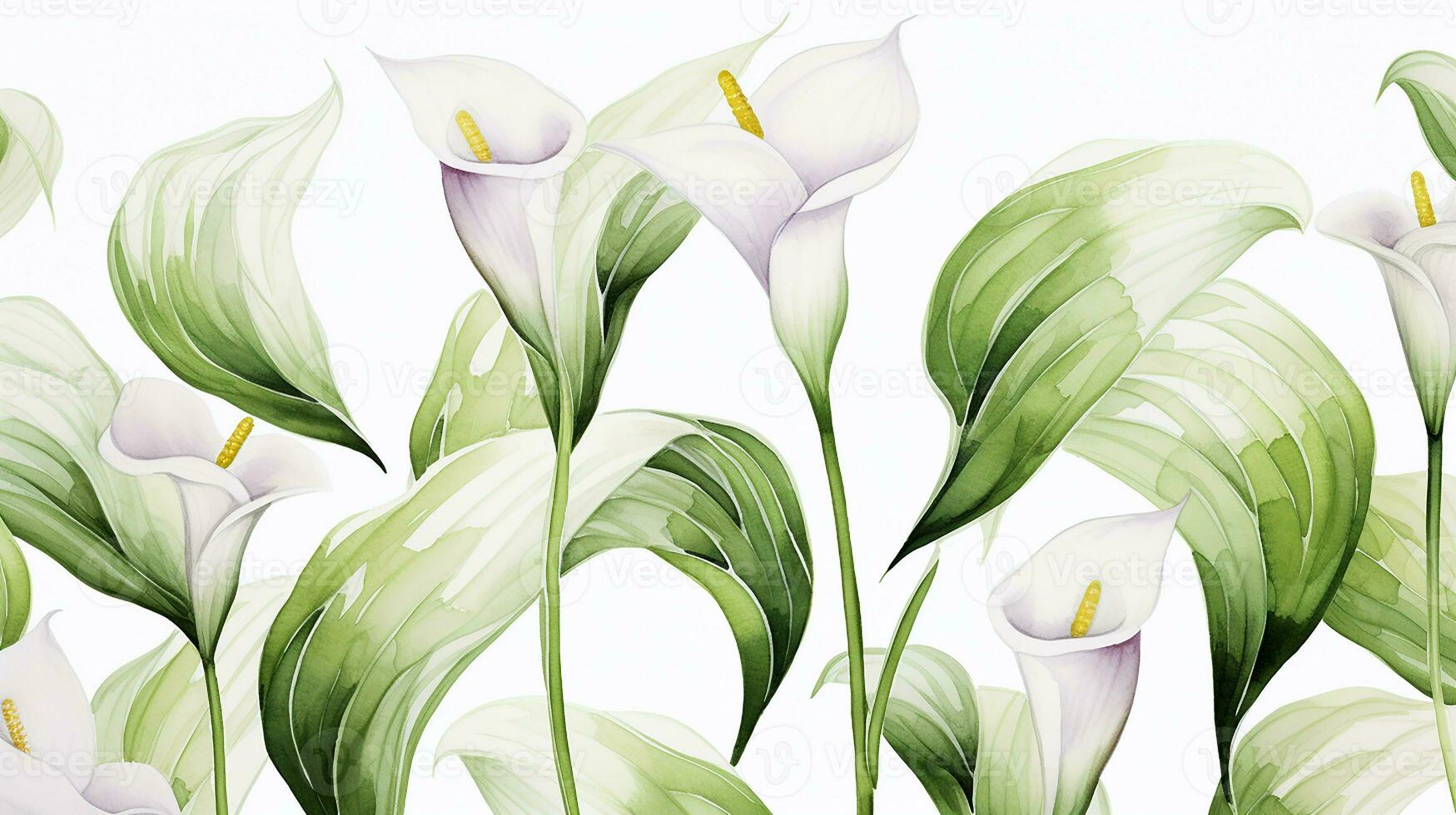 Seamless pattern of Calla Lily flower in watercolor style isolated on white background. Calla Lily flower texture background. Generative AI photo