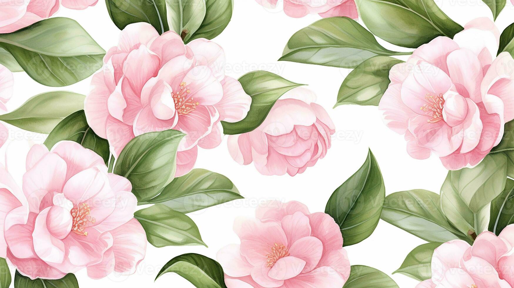 Seamless pattern of Camellia flower in watercolor style isolated on white background. Camellia flower texture background. Generative AI photo