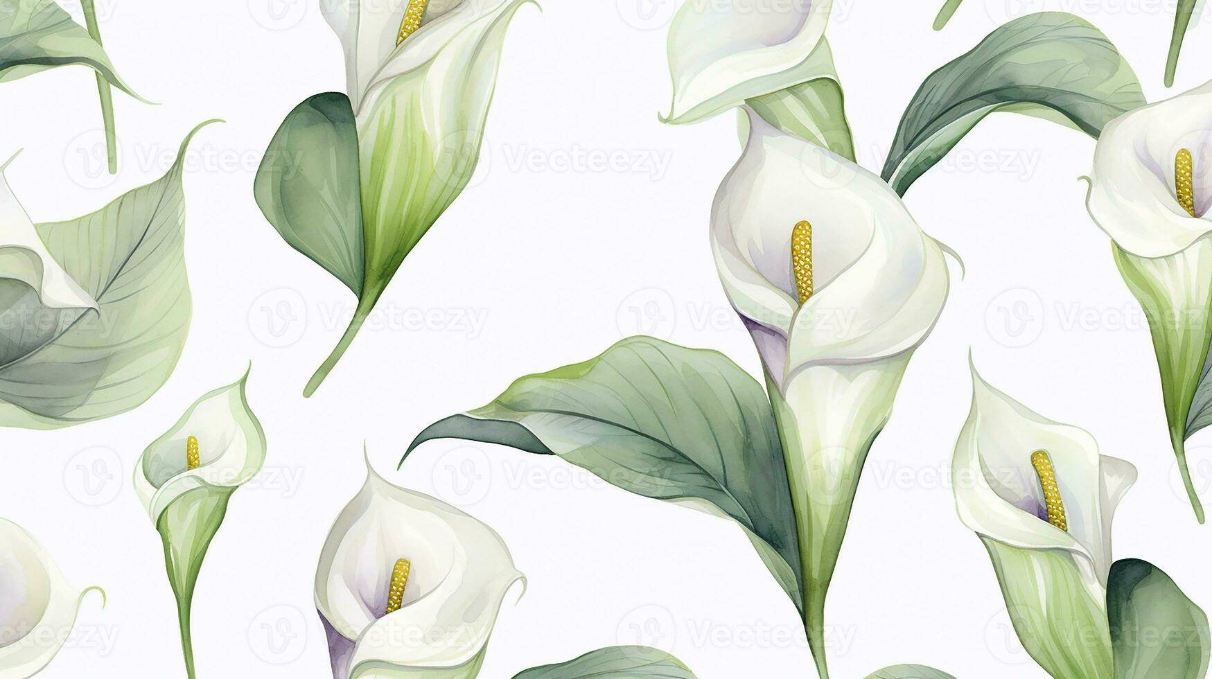 Seamless pattern of Calla Lily flower in watercolor style isolated on white background. Calla Lily flower texture background. Generative AI photo