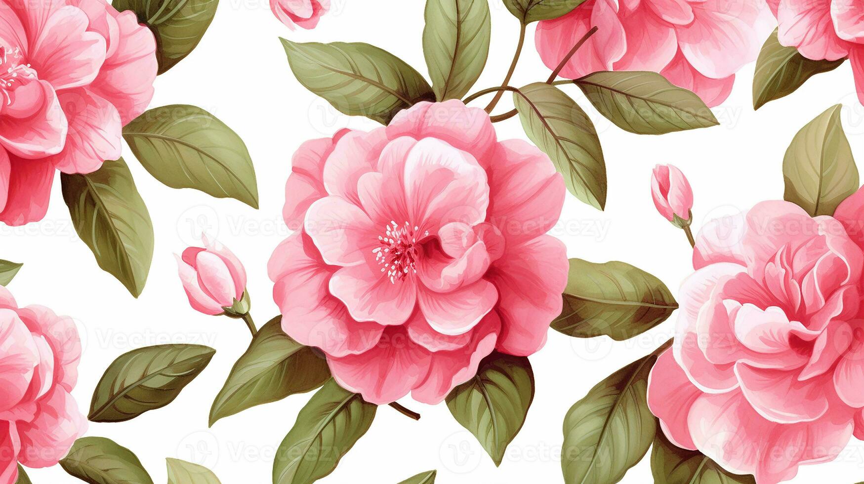 Seamless pattern of Camellia flower in watercolor style isolated on white background. Camellia flower texture background. Generative AI photo