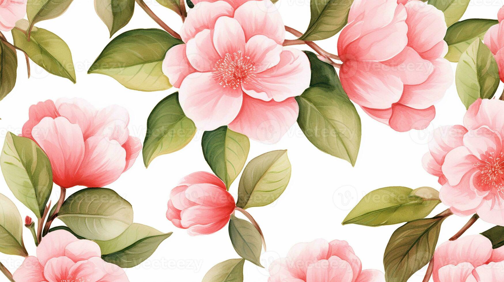 Seamless pattern of Camellia flower in watercolor style isolated on white background. Camellia flower texture background. Generative AI photo