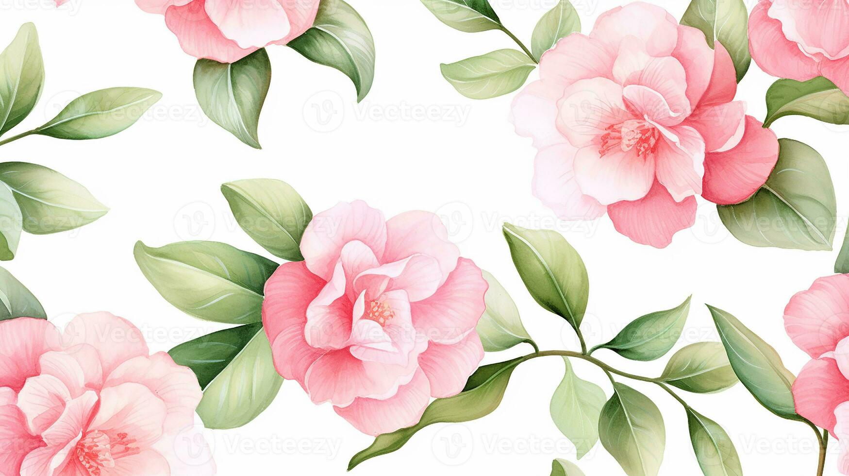 Seamless pattern of Camellia flower in watercolor style isolated on white background. Camellia flower texture background. Generative AI photo