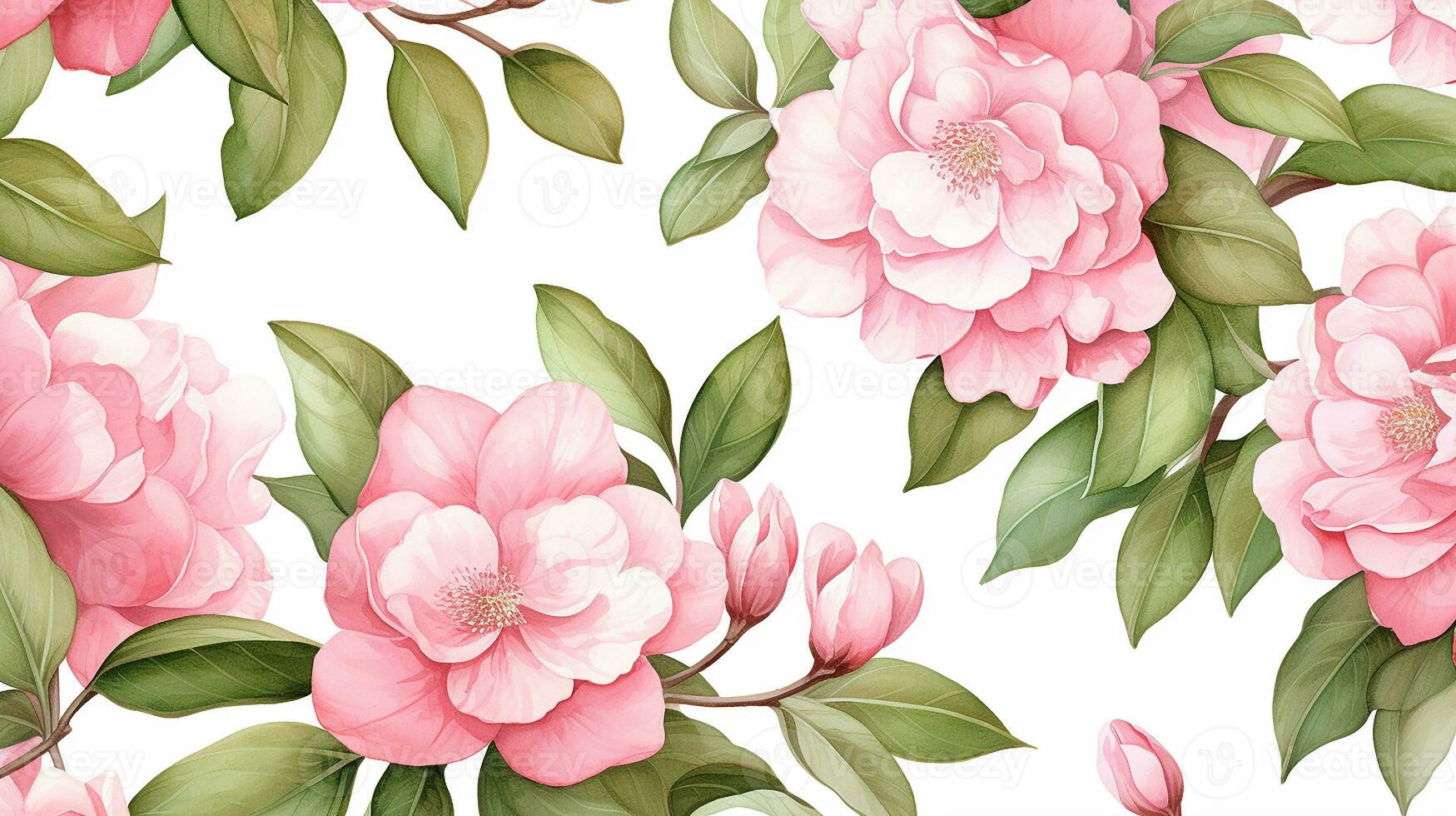 Seamless pattern of Camellia flower in watercolor style isolated on white background. Camellia flower texture background. Generative AI photo