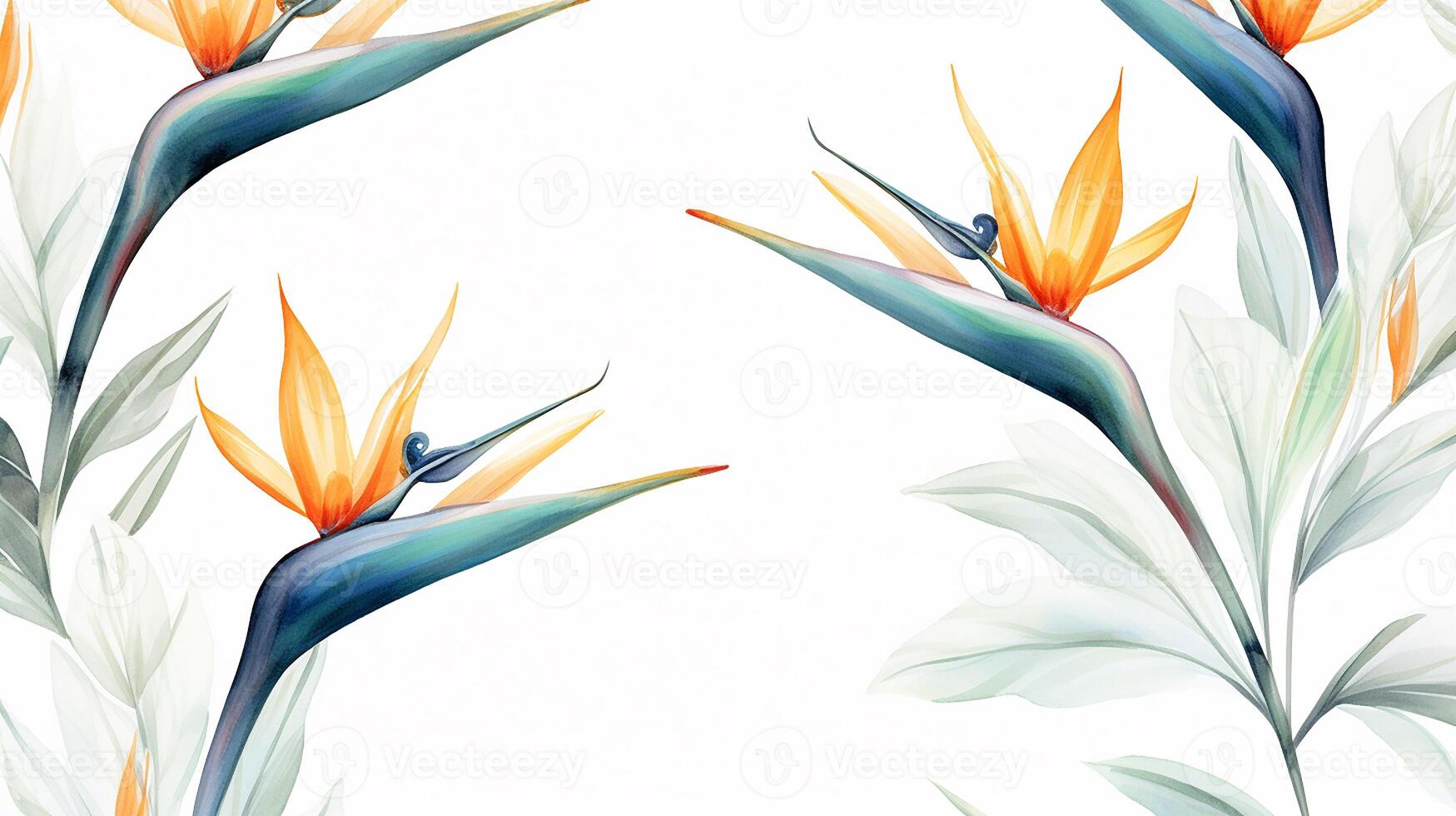 Seamless pattern of Bird of Paradise flower in watercolor style isolated on white background. Bird of Paradise flower texture background. Generative AI photo