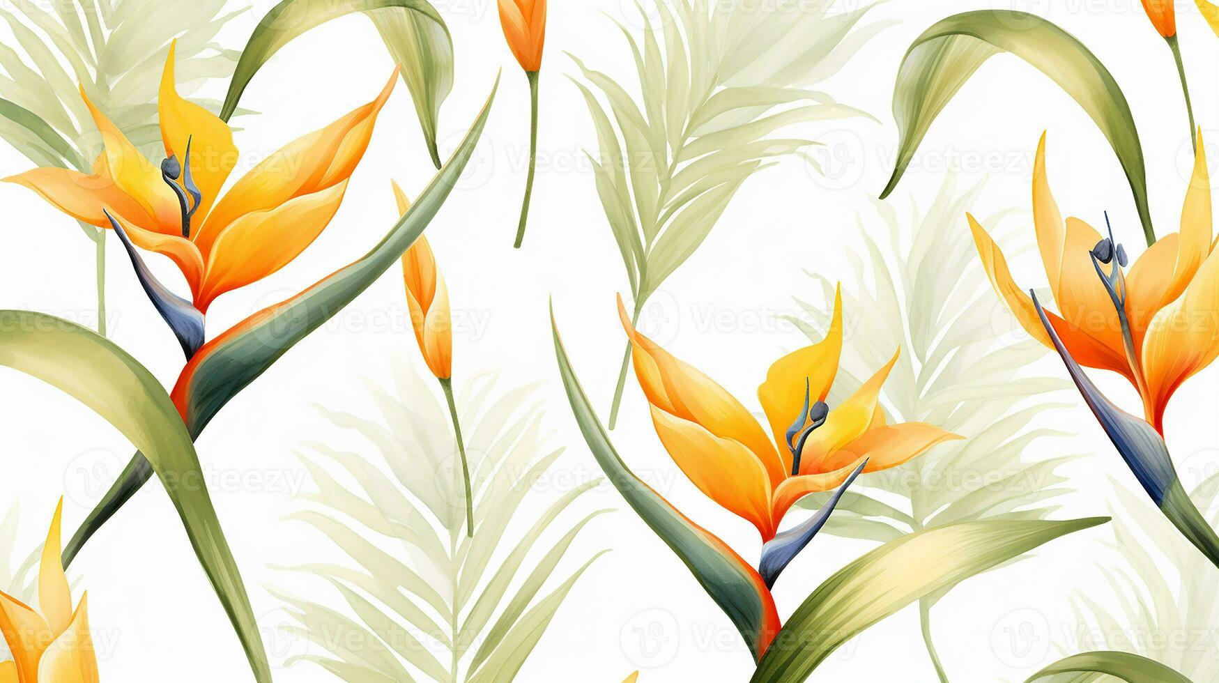 Seamless pattern of Bird of Paradise flower in watercolor style isolated on white background. Bird of Paradise flower texture background. Generative AI photo