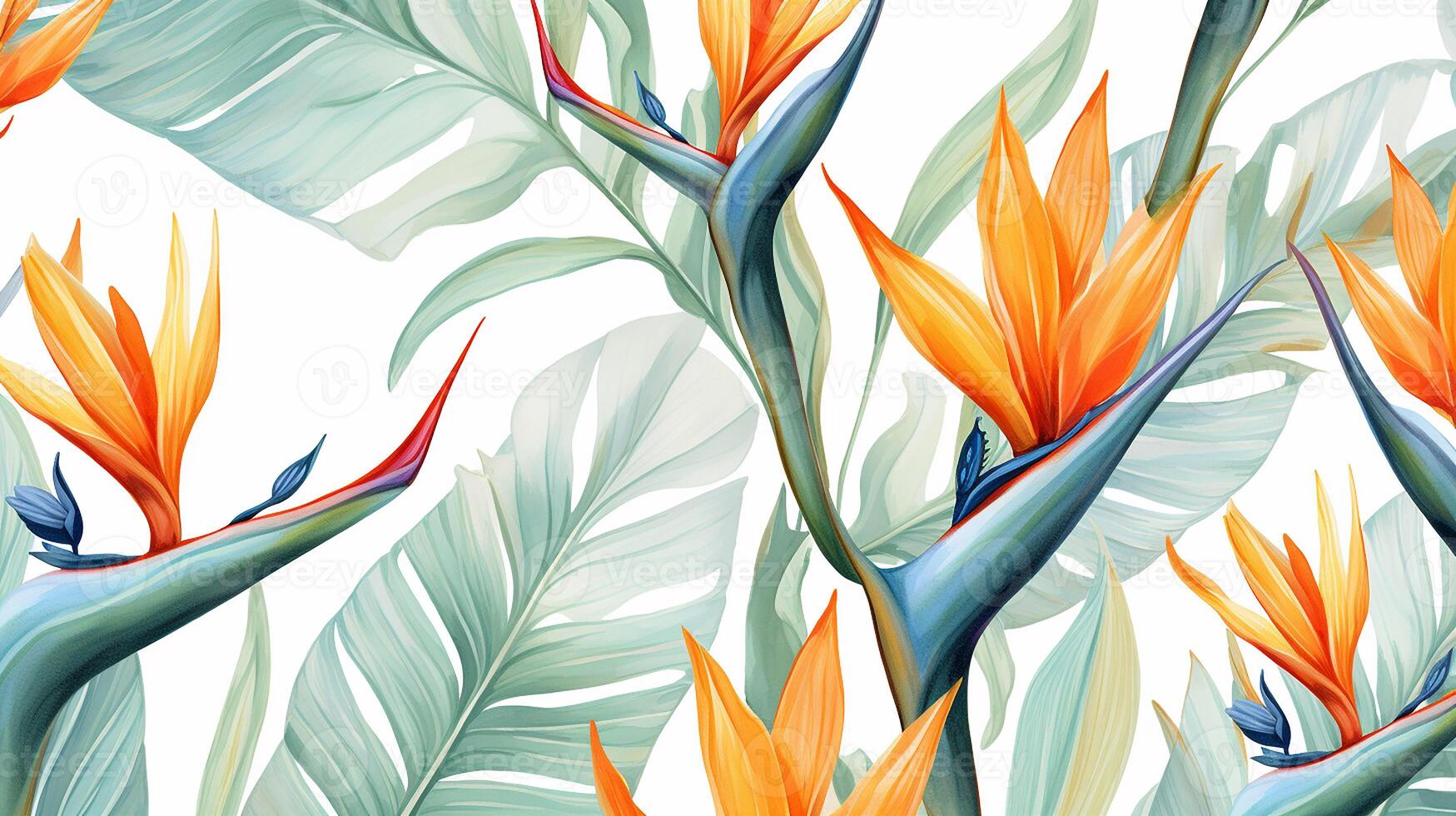 Seamless pattern of Bird of Paradise flower in watercolor style isolated on white background. Bird of Paradise flower texture background. Generative AI photo