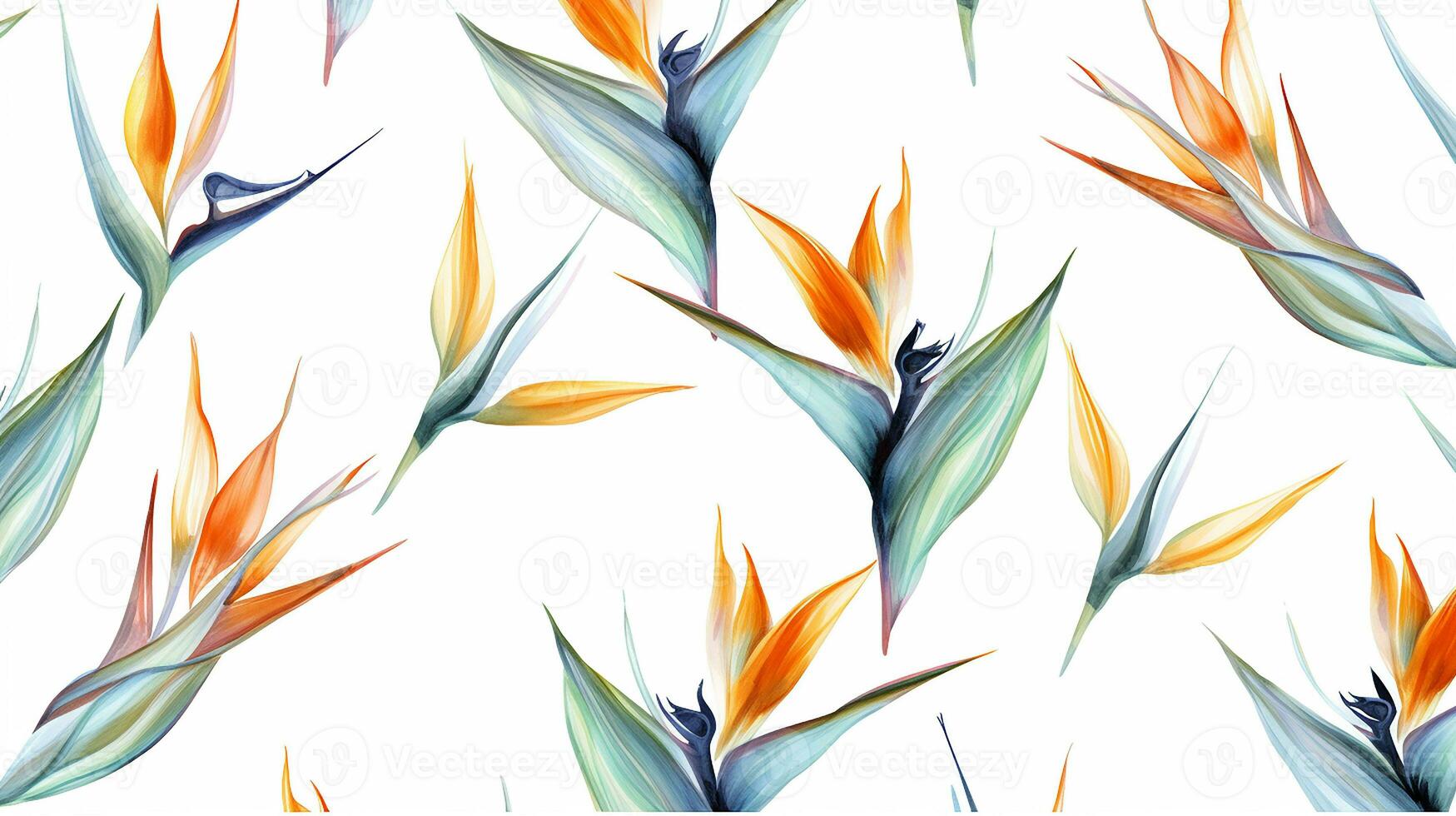 Seamless pattern of Bird of Paradise flower in watercolor style isolated on white background. Bird of Paradise flower texture background. Generative AI photo