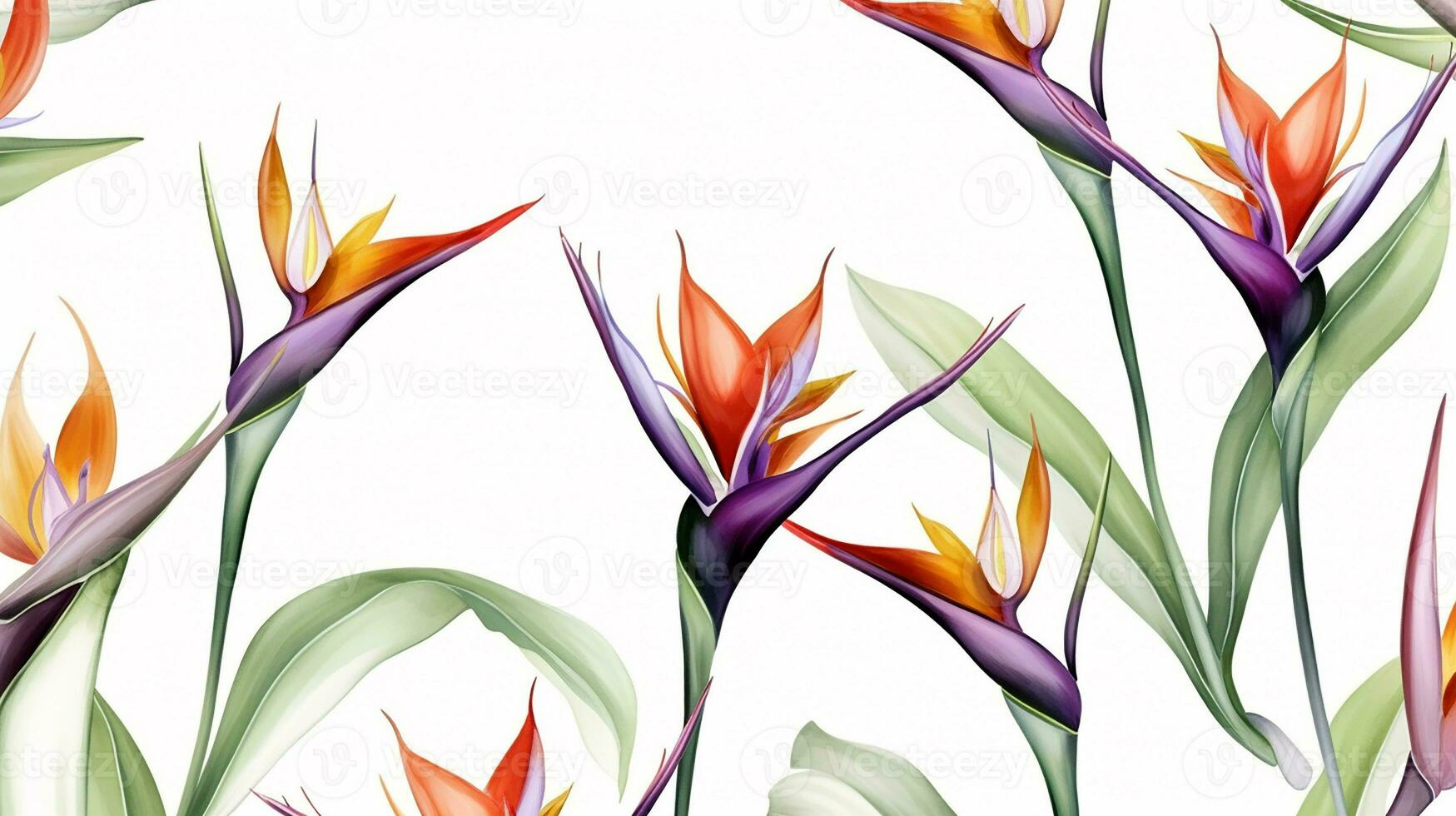 Seamless pattern of Bird of Paradise flower in watercolor style isolated on white background. Bird of Paradise flower texture background. Generative AI photo