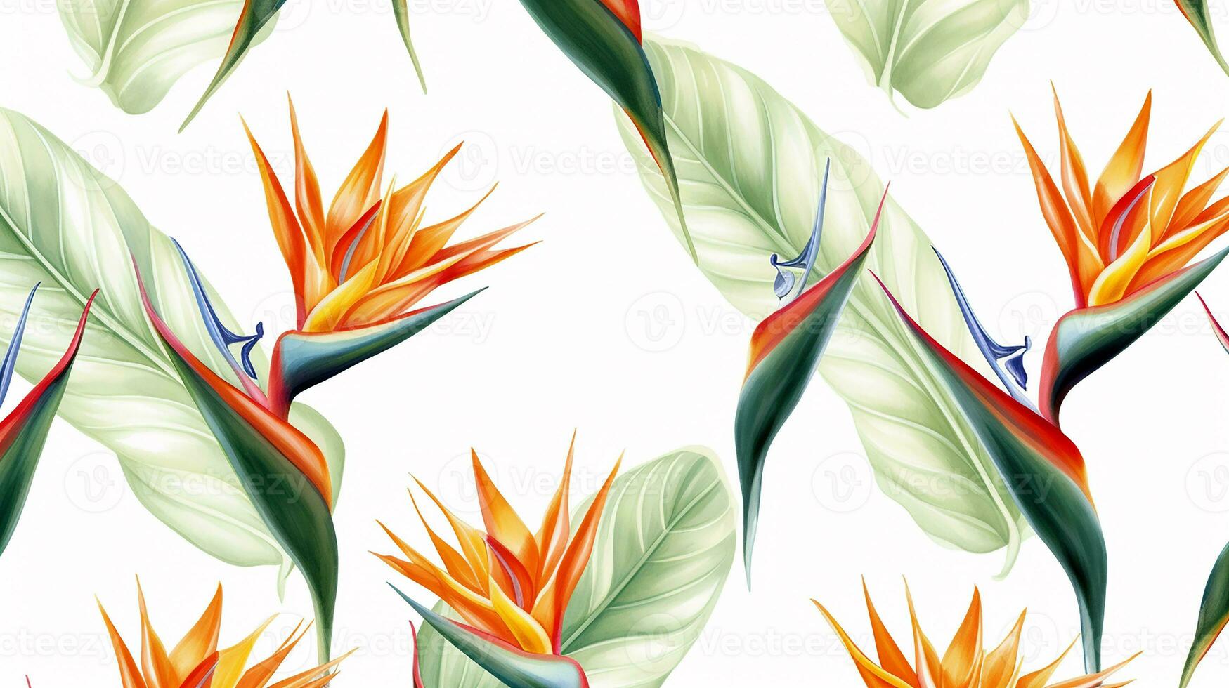 Seamless pattern of Bird of Paradise flower in watercolor style isolated on white background. Bird of Paradise flower texture background. Generative AI photo