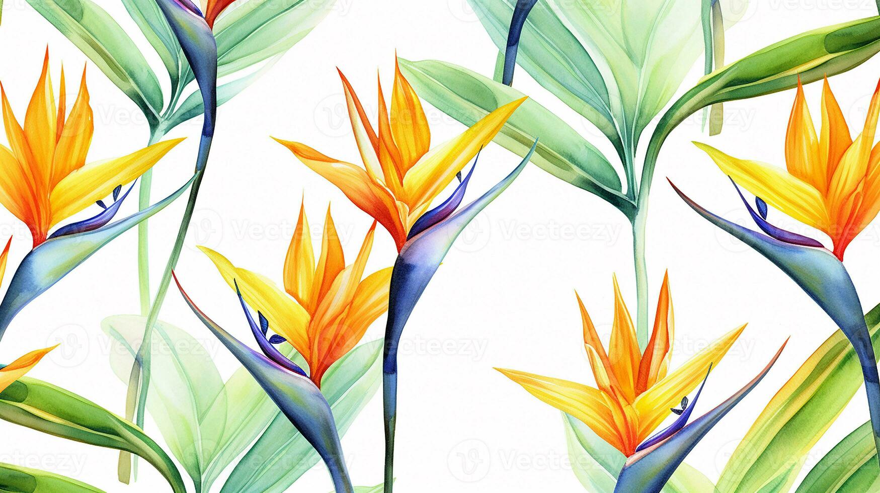 Seamless pattern of Bird of Paradise flower in watercolor style isolated on white background. Bird of Paradise flower texture background. Generative AI photo