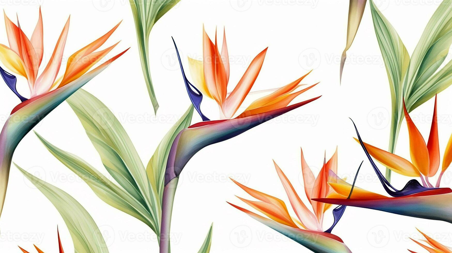 Seamless pattern of Bird of Paradise flower in watercolor style isolated on white background. Bird of Paradise flower texture background. Generative AI photo