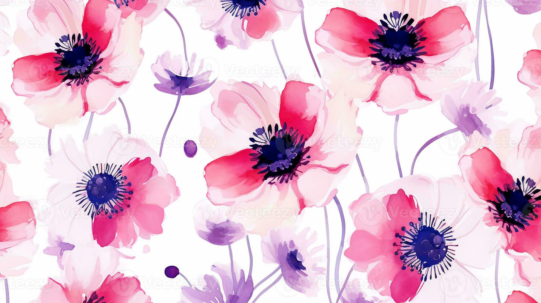 Seamless pattern of Anemone flower in watercolor style isolated on white background. Anemone flower texture background. Generative AI photo