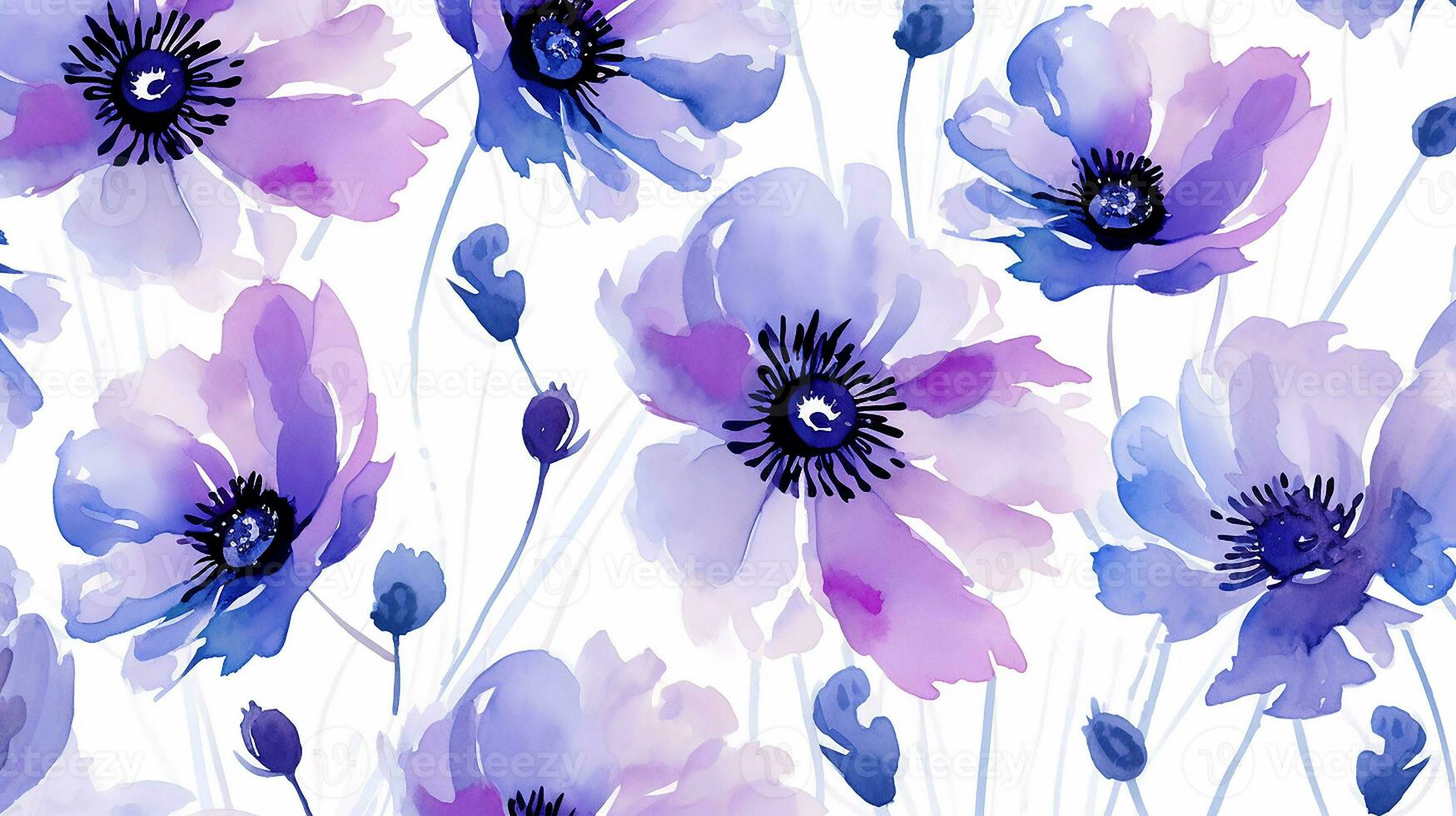 Seamless pattern of Anemone flower in watercolor style isolated on white background. Anemone flower texture background. Generative AI photo