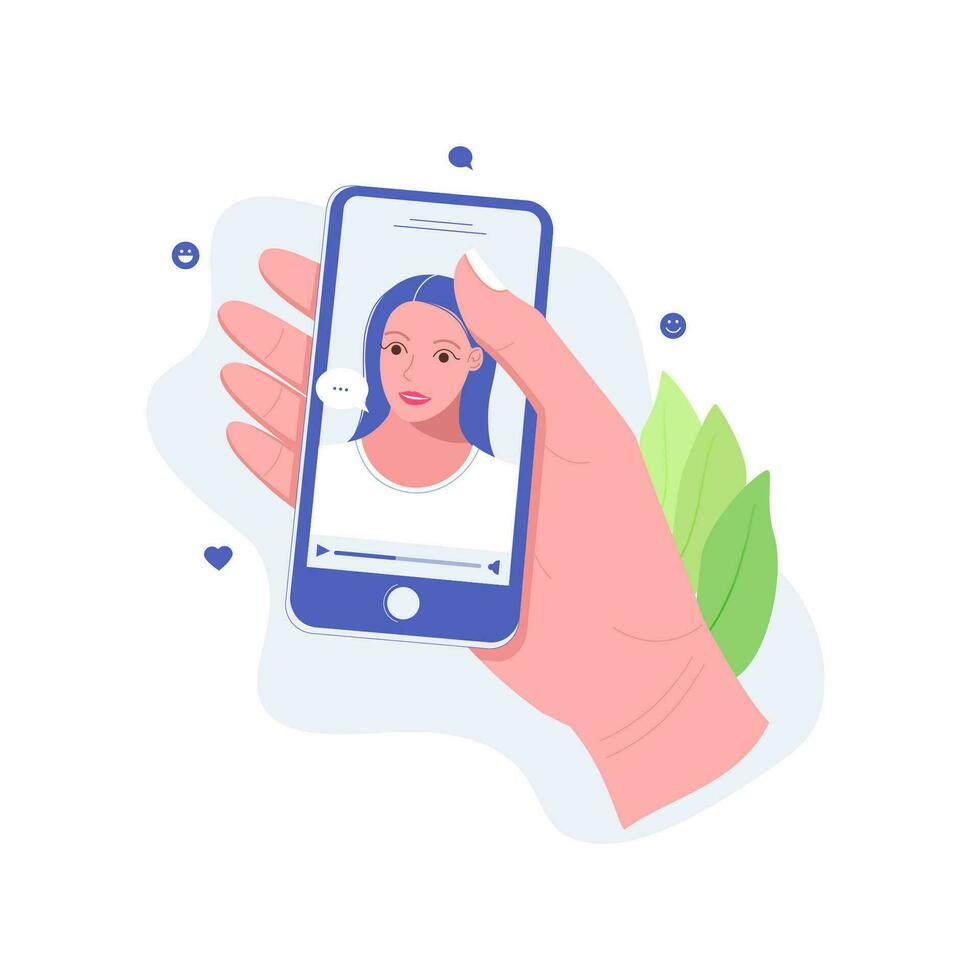 concepto de en línea charla aplicación vídeo chateando en línea en teléfono inteligente mano sostiene teléfono inteligente con vídeo charla con joven niña en pantalla. de moda plano estilo. vector ilustración.