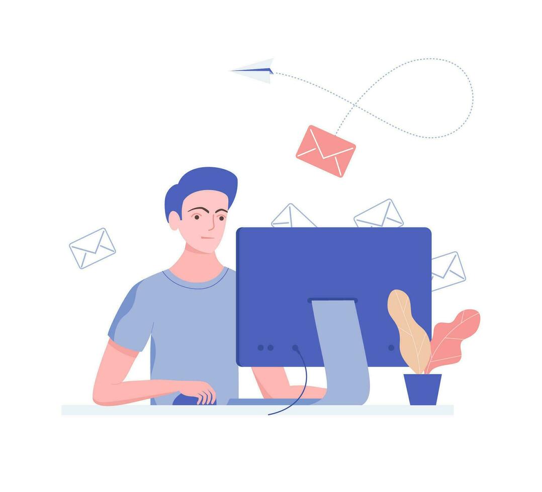 E-mail marketing, digital promotion concept. Young man sends e-mails from the laptop. Trendy flat style. Vector illustration.