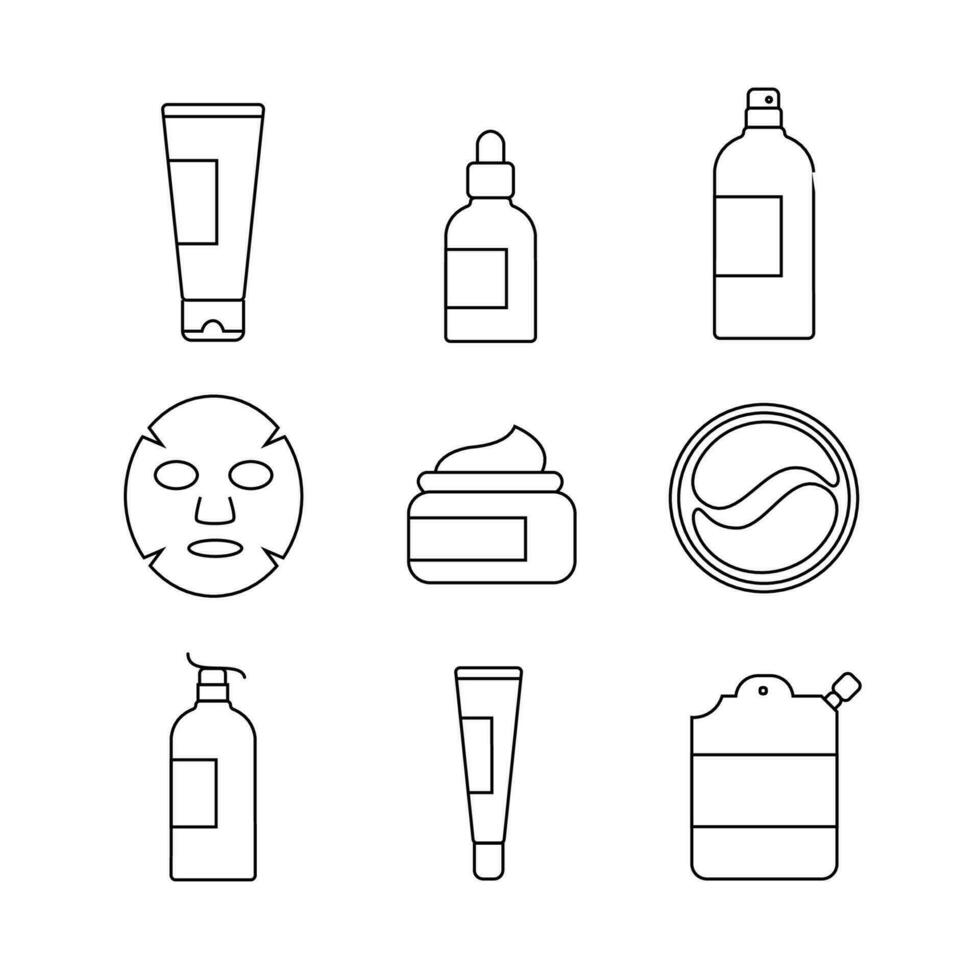 Set of skin care and cosmetics icons. Cleansing foam, face cream, serum, toner, mask, eye patch, eye cream. Outline style. Vector illustration.