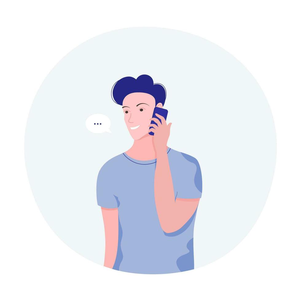 Young man calling mobile phone. Boy talking on the smartphone. Trendy flat style. Vector illustration.