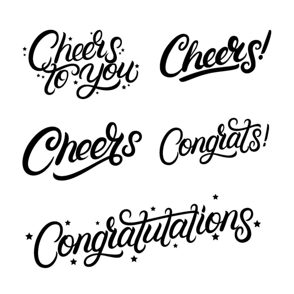 Set of hand written lettering quotes cheers, congrats, congratulations. Greeting calligraphy phrases. Vector illustration.