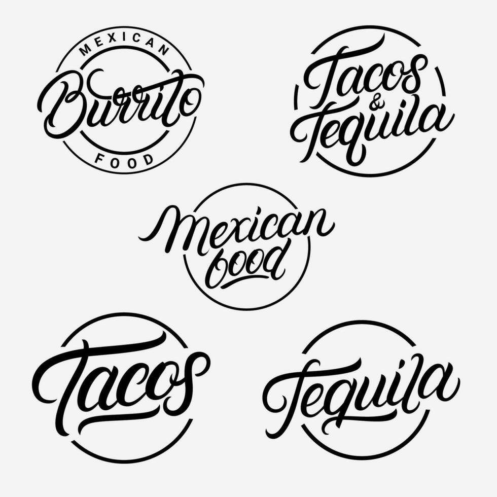 Mexican food and drink lettering logos, labels, emblems, signs set. Use for mexican restaurant menu, cafe badge. Modern calligraphy. Vector illustration.