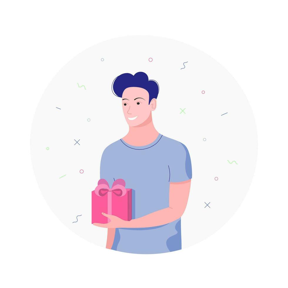 Young happy man holding a gift box for girl. Joyful man holding a box with gifts in hands. Trendy flat style. Vector illustration.