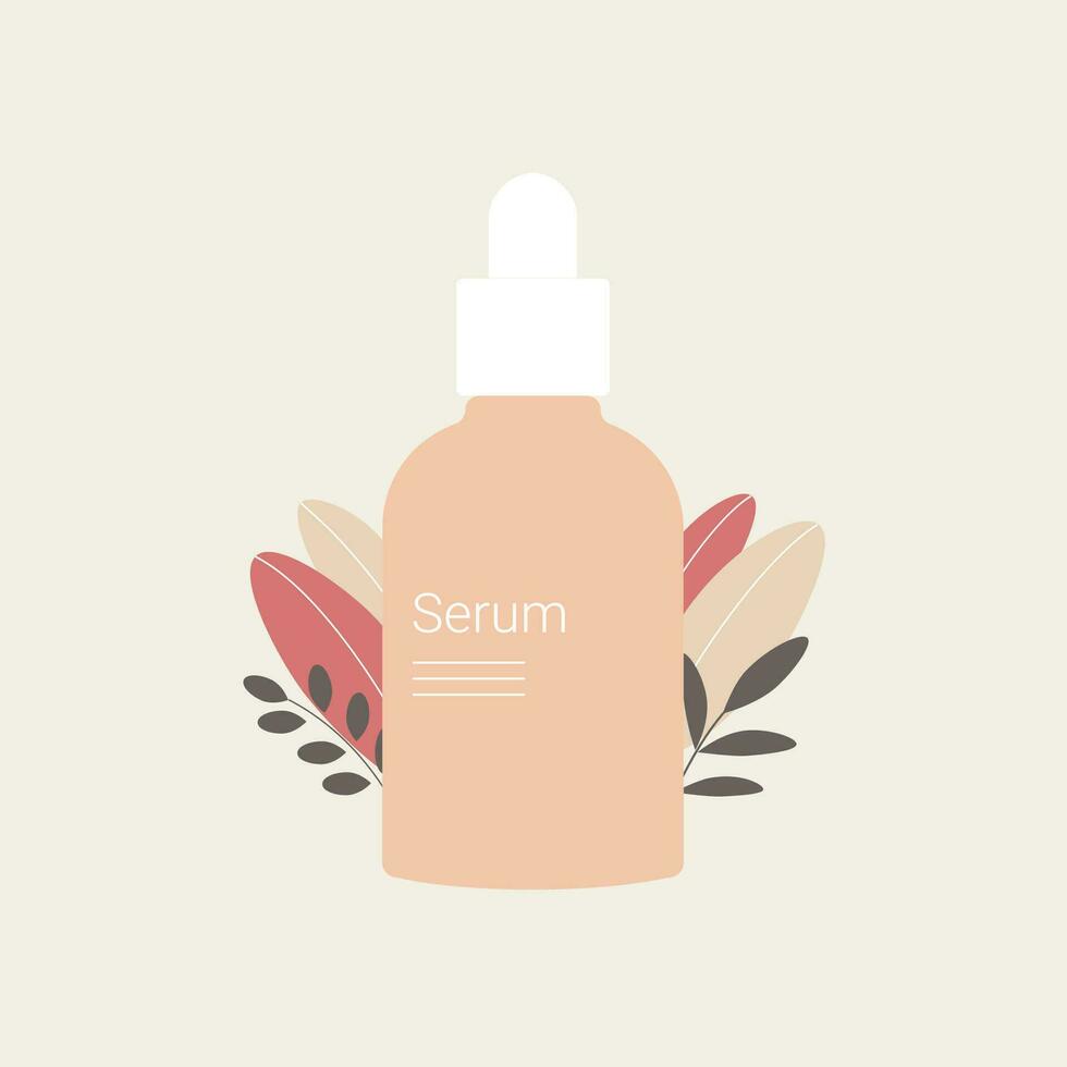 Serum with plant leaves. Skin care and cosmetics design. Trendy flat style. Vector illustration.