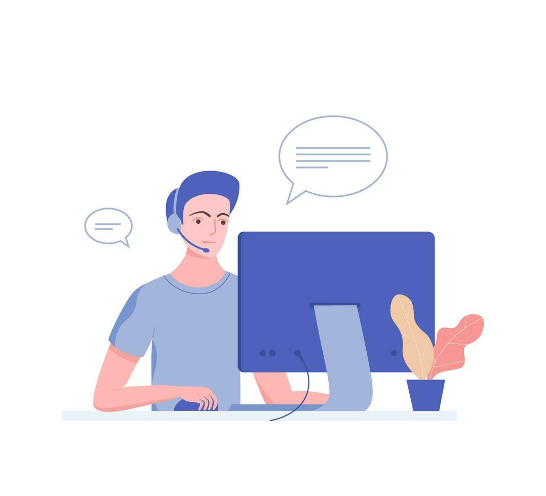 Customer and operator, online support 24-7 concept. Hotline operator advises client. Online assistant, virtual help service. Trendy flat style. Vector illustration.