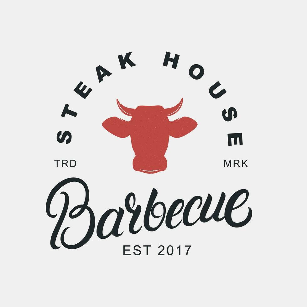 Barbecue hand written lettering logo, label, badge, sign, emblem for barbecue, grill restaurant, steak house, meat store. Modern brush calligraphy. Vintage retro style. Vector illustration.