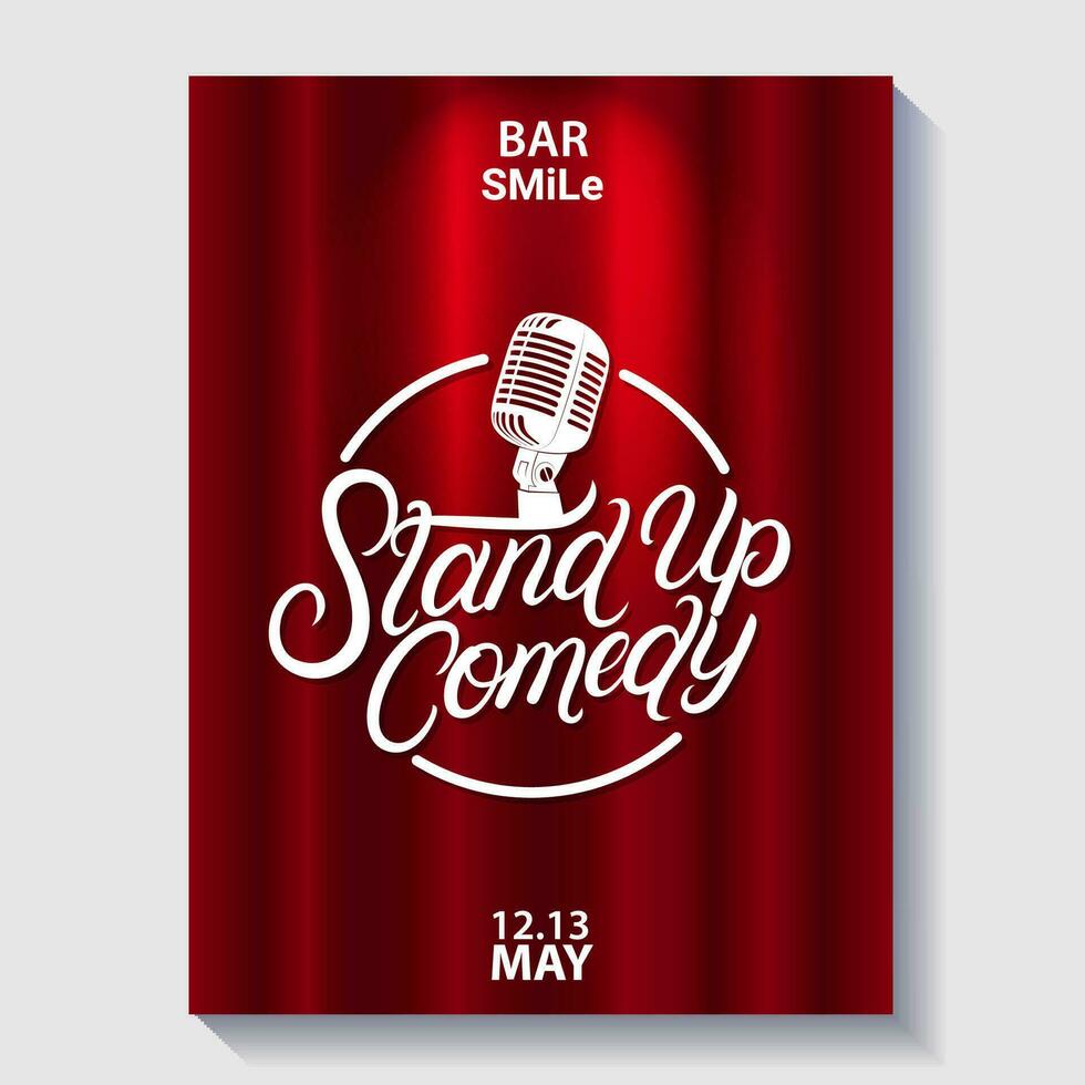 Stand Up Comedy hand written lettering poster with microphone and red curtain. Performance show poster design. Vector illustration.