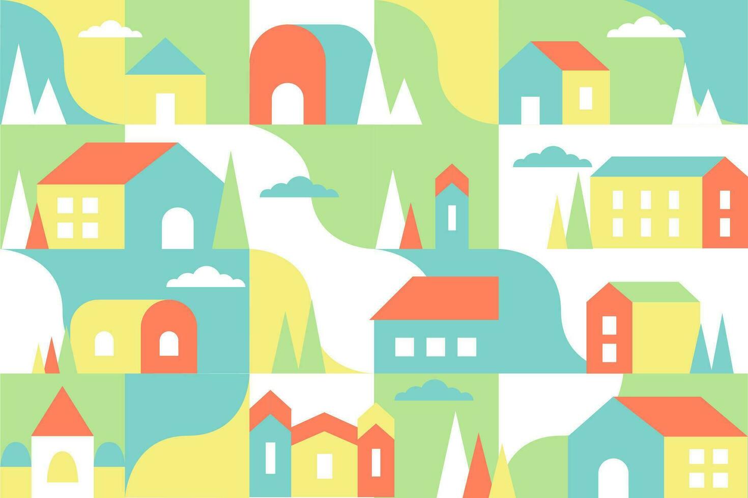 City landscape with small houses and trees. Abstract background. Small city or town texture. Trendy flat style. Vector illustraion.