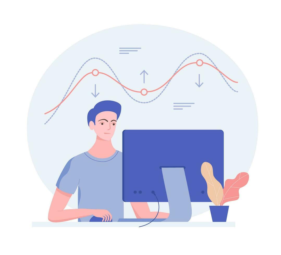 Data analysis concept. Young man working and analyzing financial statistics. Business intelligence technology. Analysis concept for web or infographics. Trendy flat style. Vector illustration.