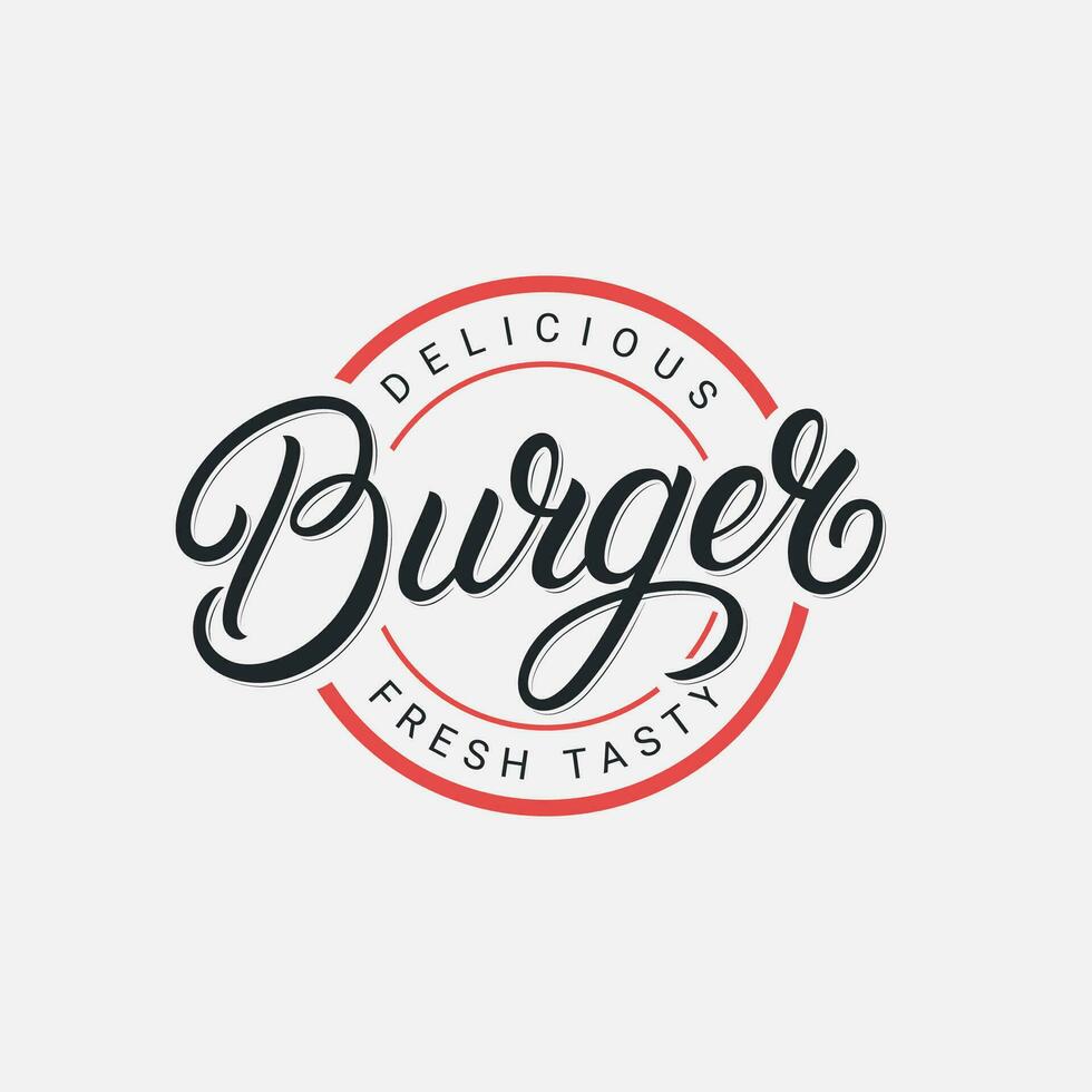 Burger hand written lettering logo, label, badge, emblem, sign. Modern brush calligraphy, typography. Vintage retro style. Vector illustration.