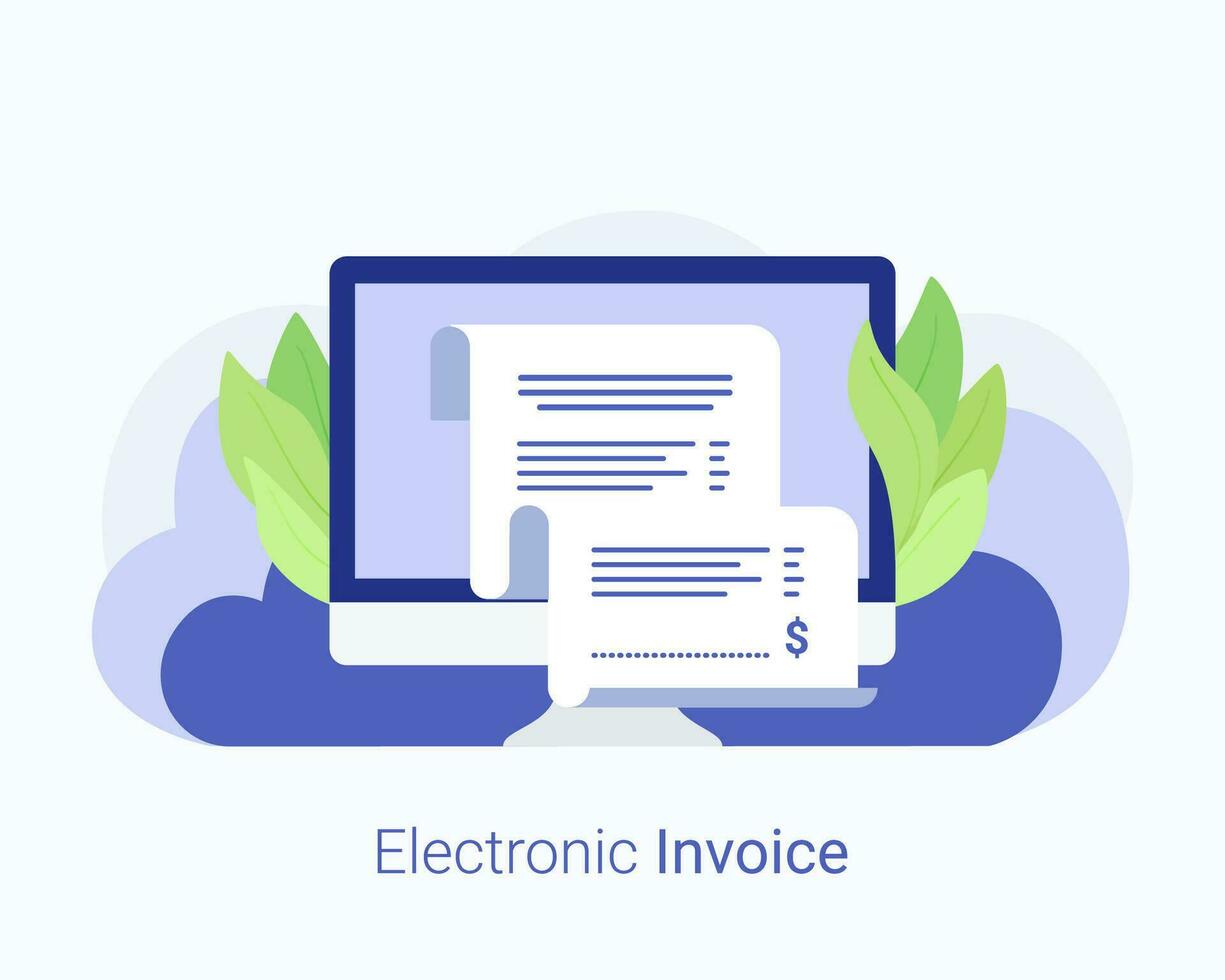 Electronic invoice, internet payments, protection money transfer, online bank, budget accounting, electronic bill. Laptop with paper receipt. Trendy flat style. Vector illustration.