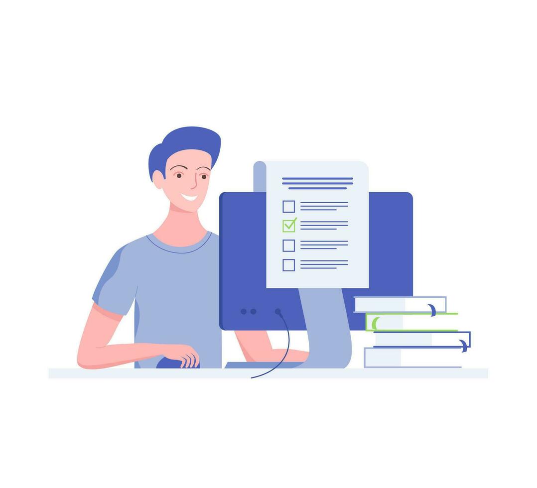 Online exam concept. Happy young man solves the test correctly. Trendy flat style. Vector illustration.