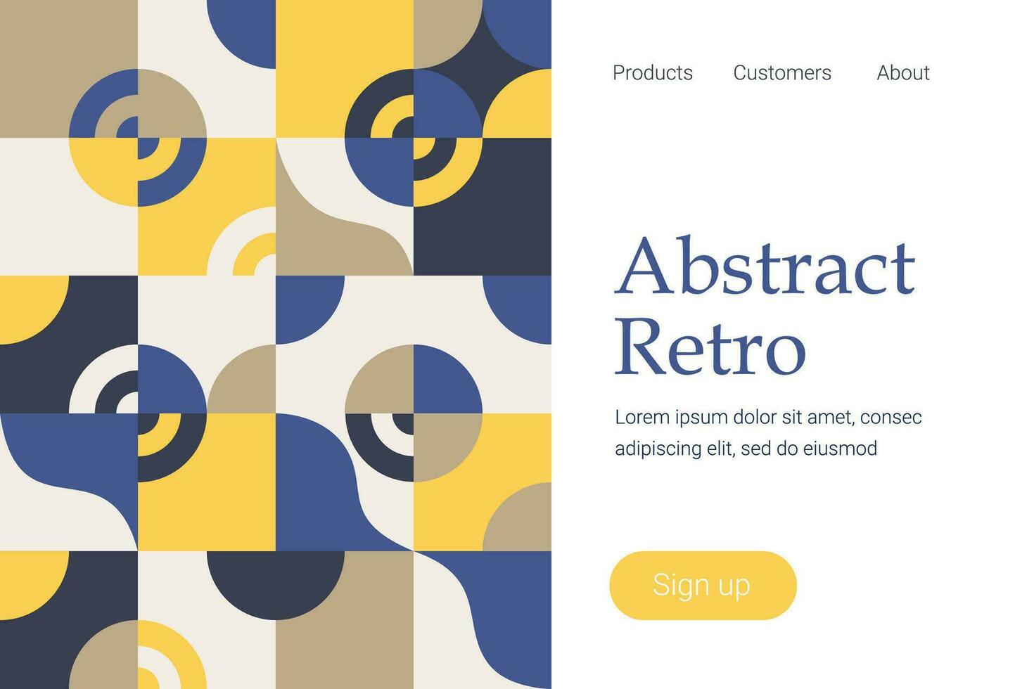 Retro abstract geometric design. Landing page template with geometric pattern. Colorful circles, squares, rhombuses and other shapes. Vector illustration.
