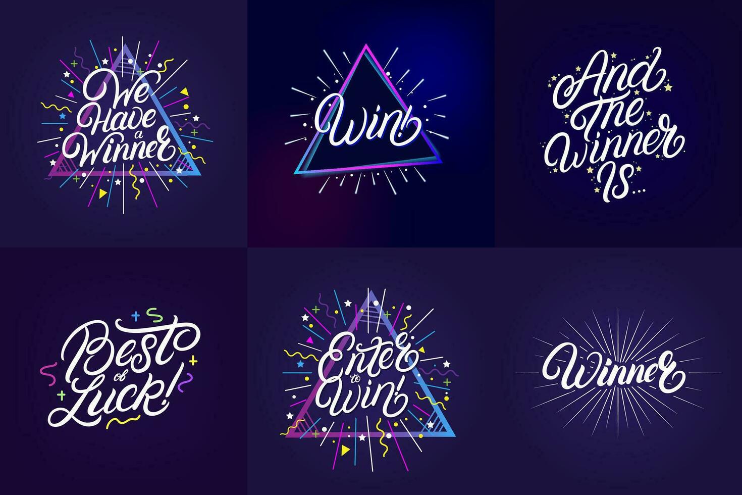 Winner hand written lettering quotes set. We have a winner. Win. Best of luck. Enter to win. Celebrate background. Trendy style. Vector illustration.