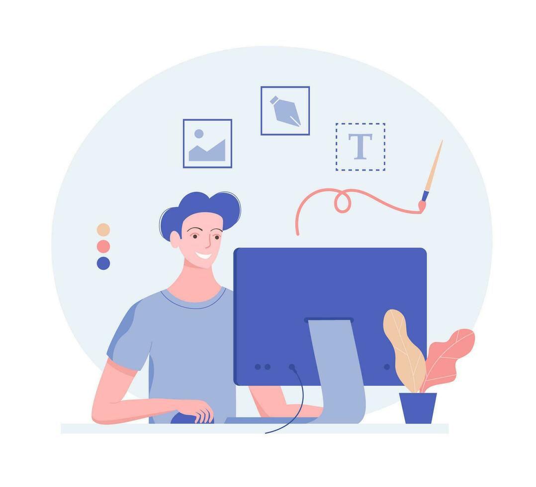 Happy young man designer working on computer. Trendy flat style. Vector illustration.