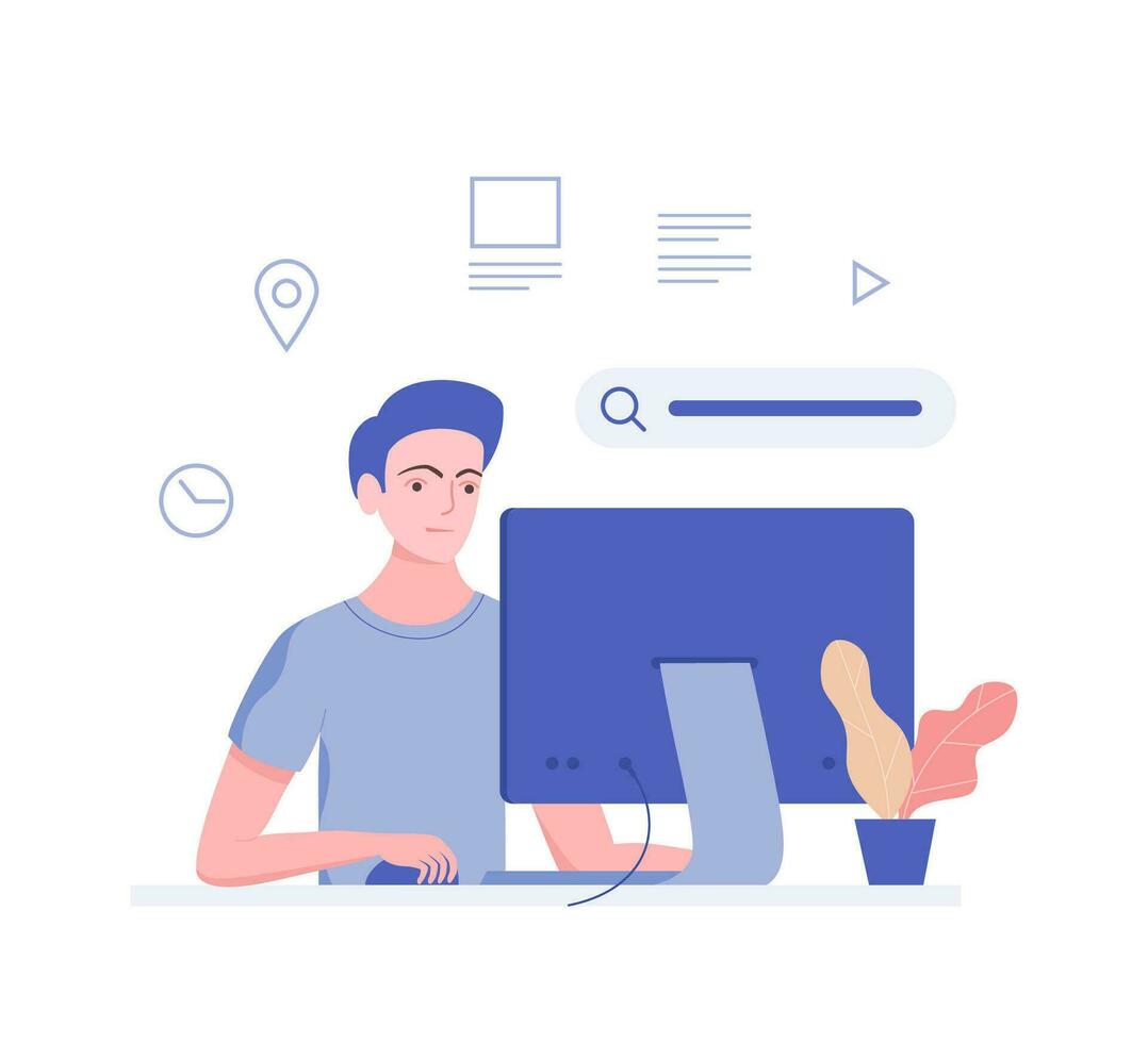 Young man surfing the Internet on his laptops. Trendy flat design style. Vector illustration.