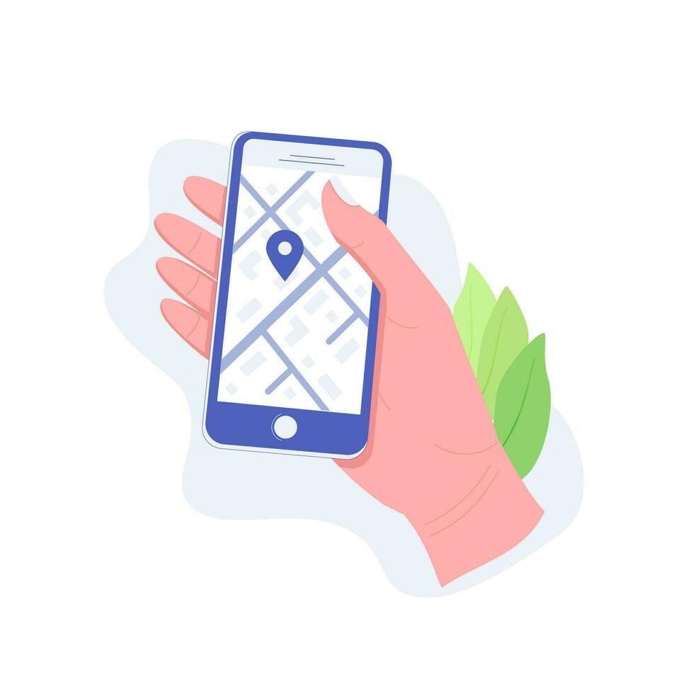 Concept of navigation, delivery on smartphone screen. Hand holding a mobile phone and indicates the location on the map. Trendy flat style. Vector illustration.