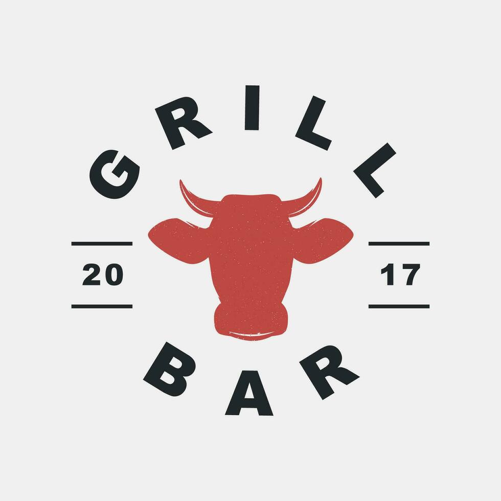 Grill Bar logo, label, badge, sign, emblem for barbecue, grill restaurant, steak house, meat store. Modern brush calligraphy. Vintage retro style. Vector illustration.